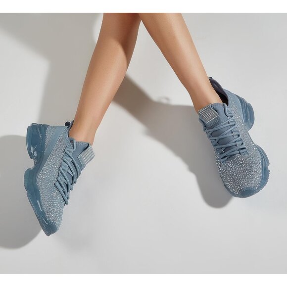 Women's Blue Rhinestone Mesh Slip On Walking Breathable Glitter Sneaker Shoes - Picture 7 of 9